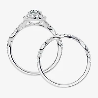 (F / Vs2-Si1) Womens 1 CT. T.W. Lab Grown White Diamond Sterling Silver Pear Side Stone Halo Bridal Set