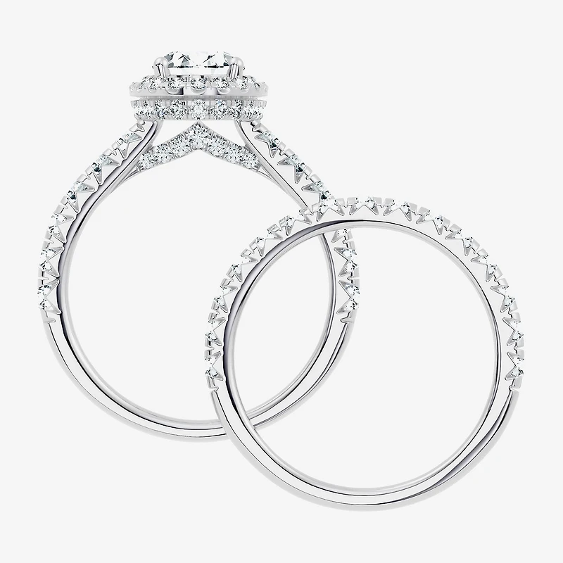 (F / Vs2-Si1) Womens 3 CT. T.W. Lab Grown White Diamond 10K Gold Oval Side Stone Halo Bridal Set
