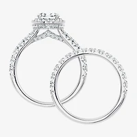(F / Vs2-Si1) Womens 3 CT. T.W. Lab Grown White Diamond 10K Gold Oval Side Stone Halo Bridal Set