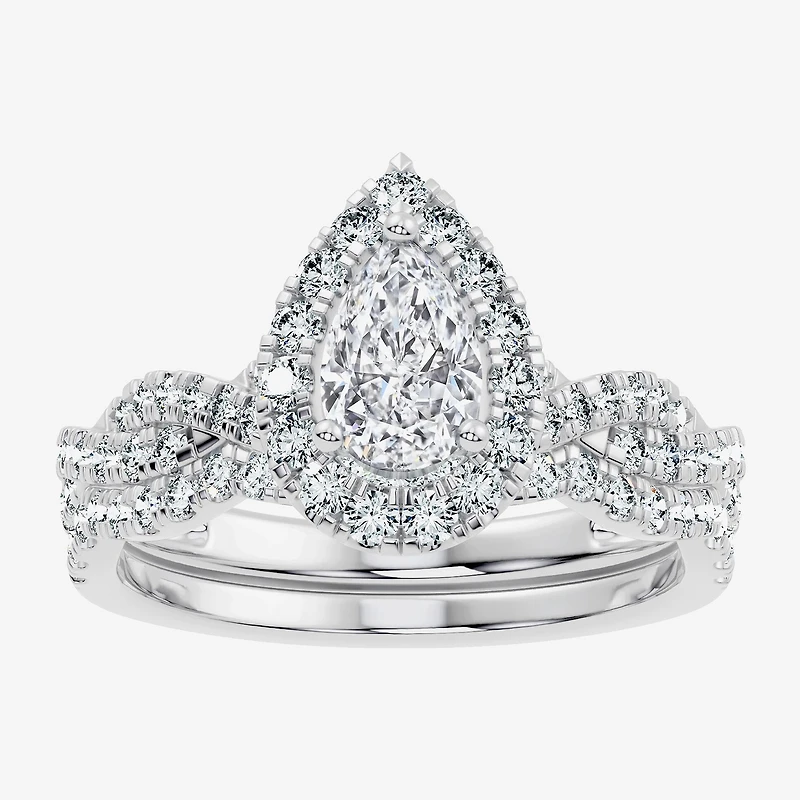 (F / Vs2-Si1) Womens 1 CT. T.W. Lab Grown White Diamond Sterling Silver Pear Side Stone Halo Bridal Set