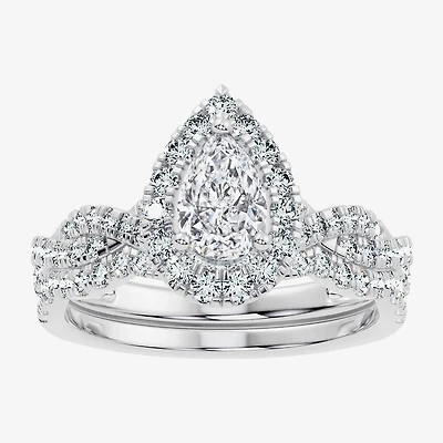 (F / Vs2-Si1) Womens 1 CT. T.W. Lab Grown White Diamond Sterling Silver Pear Side Stone Halo Bridal Set