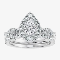(F / Vs2-Si1) Womens 1 CT. T.W. Lab Grown White Diamond Sterling Silver Pear Side Stone Halo Bridal Set