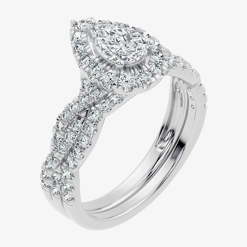 (F / Vs2-Si1) Womens 1 CT. T.W. Lab Grown White Diamond Sterling Silver Pear Side Stone Halo Bridal Set