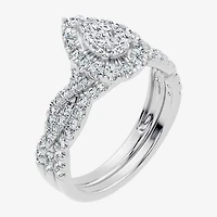 (F / Vs2-Si1) Womens 1 CT. T.W. Lab Grown White Diamond Sterling Silver Pear Side Stone Halo Bridal Set