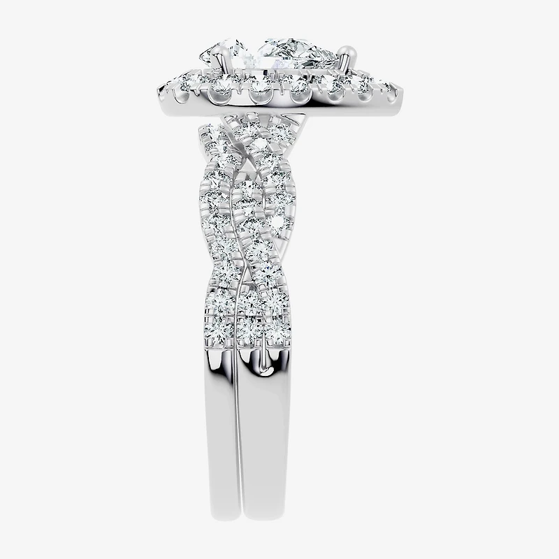 (F / Vs2-Si1) Womens 1 CT. T.W. Lab Grown White Diamond Sterling Silver Pear Side Stone Halo Bridal Set