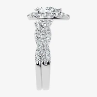 (F / Vs2-Si1) Womens 1 CT. T.W. Lab Grown White Diamond Sterling Silver Pear Side Stone Halo Bridal Set