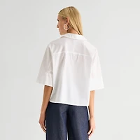 Worthington Womens Cuffed Short Sleeve Regular Fit Poplin Button-Down Shirt