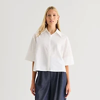 Worthington Womens Cuffed Short Sleeve Regular Fit Poplin Button-Down Shirt
