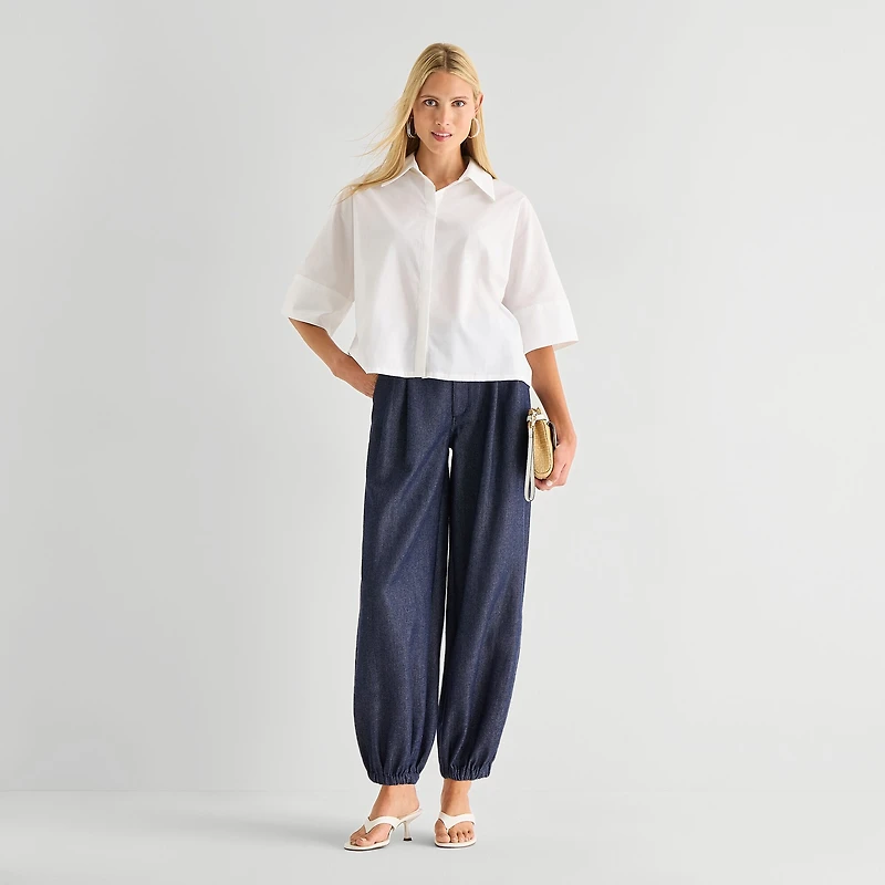Worthington Womens Cuffed Short Sleeve Regular Fit Poplin Button-Down Shirt