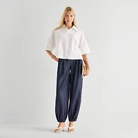 Worthington Womens Cuffed Short Sleeve Regular Fit Poplin Button-Down Shirt
