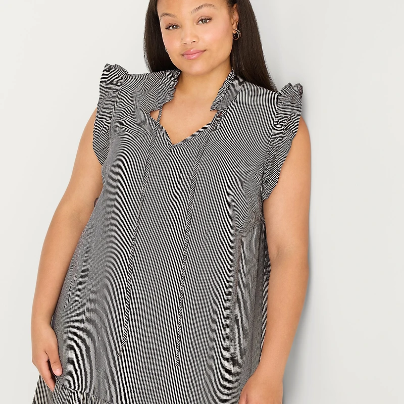 52seven Womens Plus Round Neck Sleeveless Striped Shift Dress