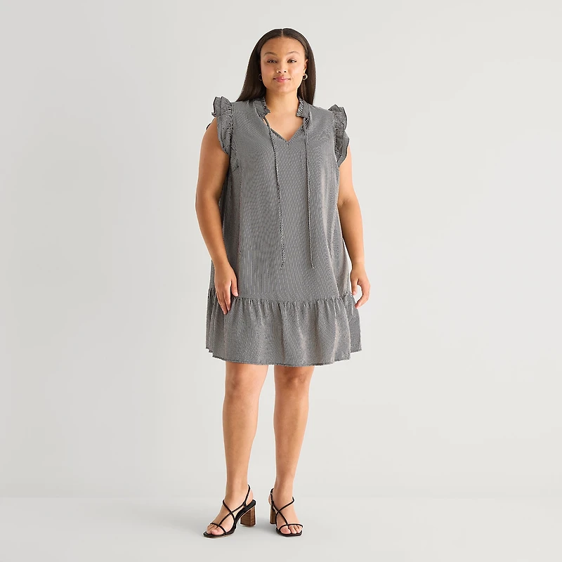 52seven Womens Plus Round Neck Sleeveless Striped Shift Dress