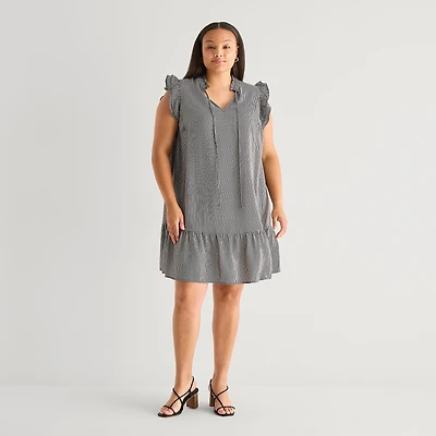 52seven Womens Plus Round Neck Sleeveless Striped Shift Dress