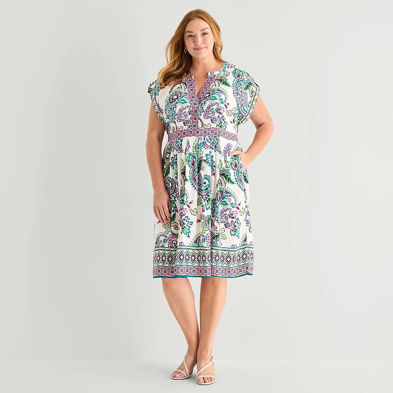 Sandra Darren Womens Plus Midi V Neck Sleeveless Cuffed Paisley Fit + Flare Dress