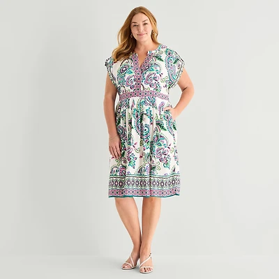Sandra Darren Womens Plus Midi V Neck Sleeveless Cuffed Paisley Fit + Flare Dress