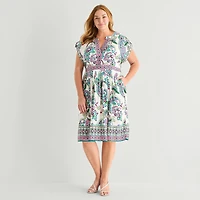 Sandra Darren Womens Plus Midi V Neck Sleeveless Cuffed Paisley Fit + Flare Dress