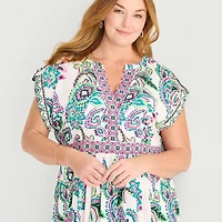 Sandra Darren Womens Plus Midi V Neck Sleeveless Cuffed Paisley Fit + Flare Dress