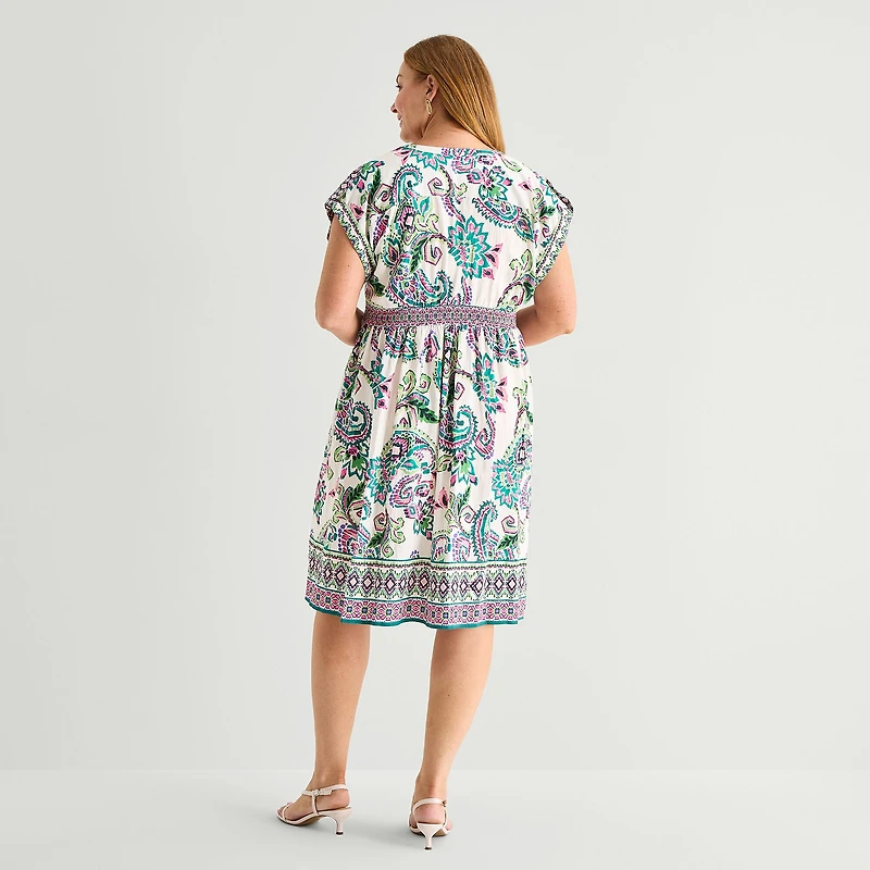 Sandra Darren Womens Plus Midi V Neck Sleeveless Cuffed Paisley Fit + Flare Dress