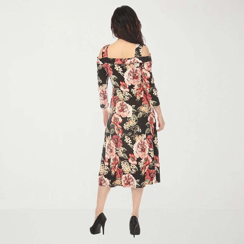 White Mark Maternity Womens Midi Scoop Neck 3/4 Sleeve Cold Shoulder Maxi Dress