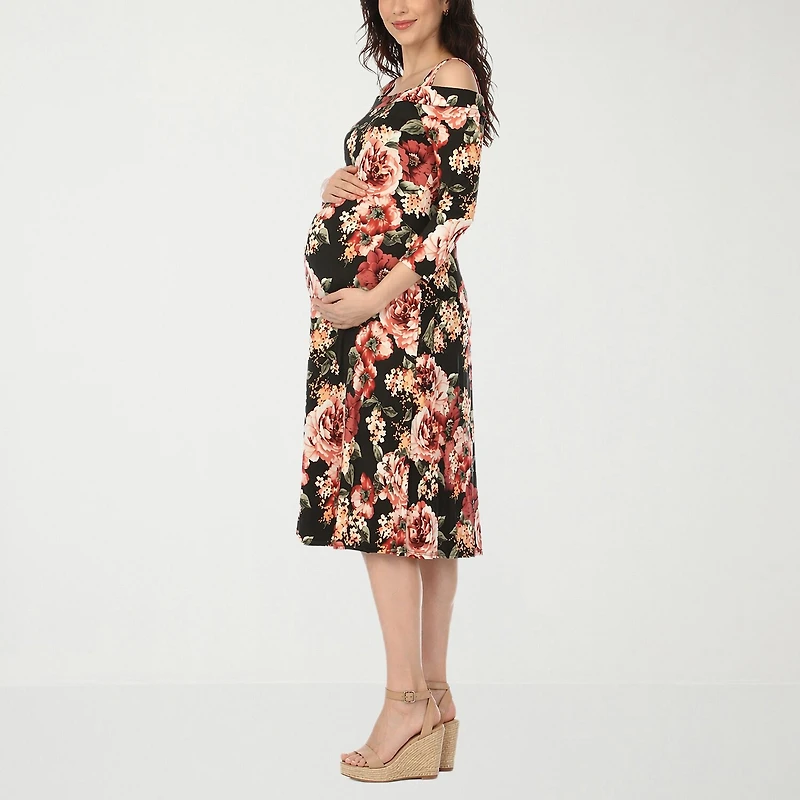White Mark Maternity Womens Midi Scoop Neck 3/4 Sleeve Cold Shoulder Maxi Dress