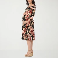 White Mark Maternity Womens Midi Scoop Neck 3/4 Sleeve Cold Shoulder Maxi Dress