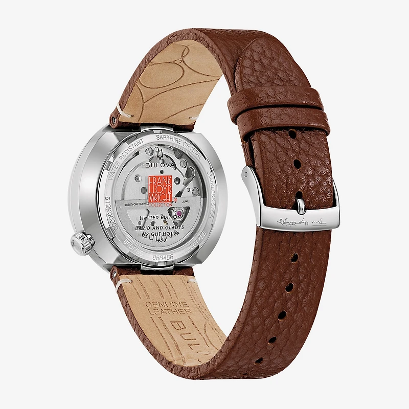 Bulova David And Gladys Wright House Mens Automatic Brown Leather Strap Watch 96b486