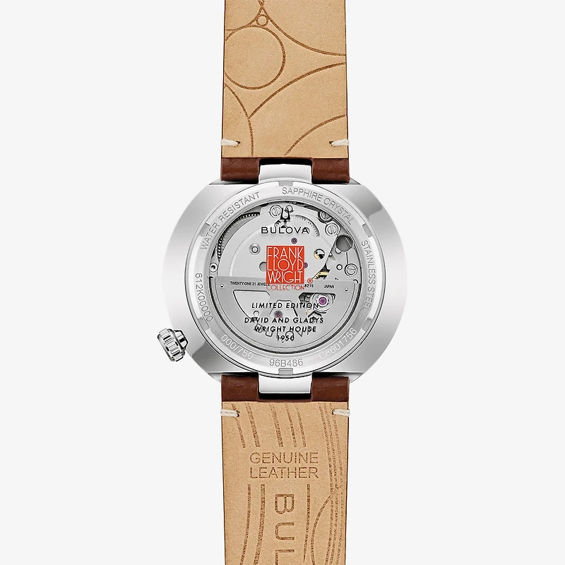 Bulova David And Gladys Wright House Mens Automatic Brown Leather Strap Watch 96b486