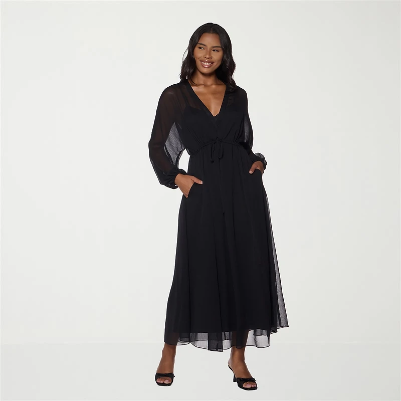 Premier Amour Womens V Neck Long Sleeve Puffed Chiffon Maxi Dress