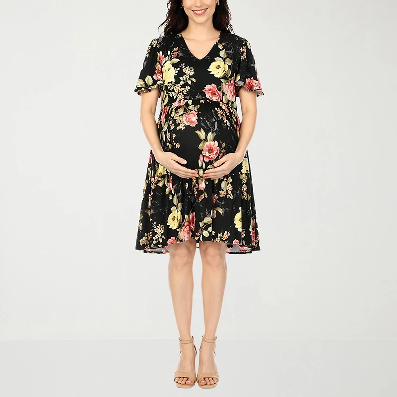 White Mark Maternity Womens V Neck Short Sleeve Floral A-Line Dress