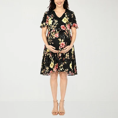 White Mark Maternity Womens V Neck Short Sleeve Floral A-Line Dress