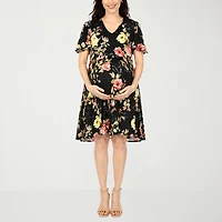 White Mark Maternity Womens V Neck Short Sleeve Floral A-Line Dress