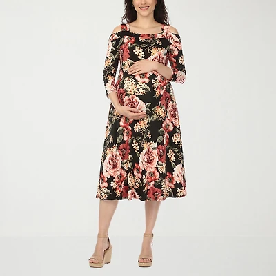 White Mark Maternity Womens Midi Scoop Neck 3/4 Sleeve Cold Shoulder Maxi Dress