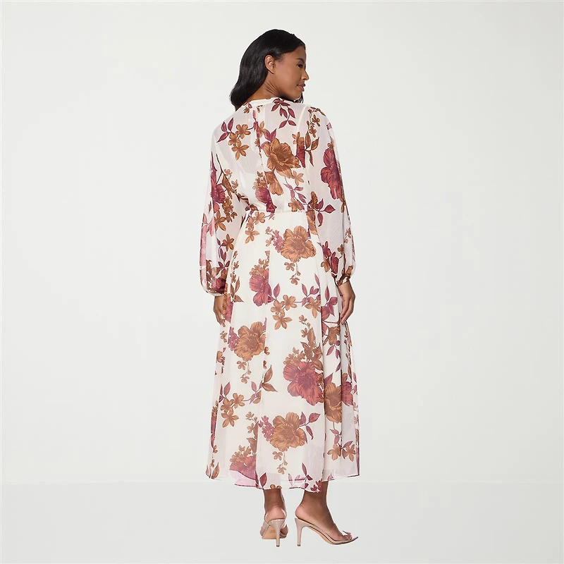 Premier Amour Womens V Neck Long Sleeve Puffed Chiffon Maxi Dress