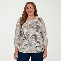 Alfred Dunner Grand Bazaar Womens Plus Round Neck 3/4 Sleeve Layered Top