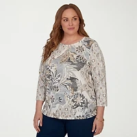 Alfred Dunner Grand Bazaar Womens Plus Round Neck 3/4 Sleeve Layered Top