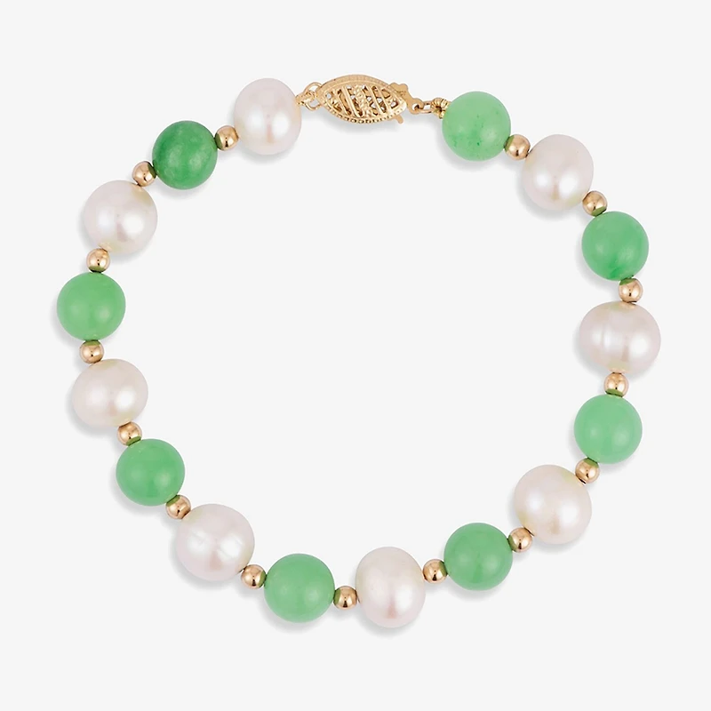 Limited Quantities! Womens Genuine Green Jade Cultured Freshwater Pearl 10K Gold Beaded Bracelet