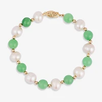 Limited Quantities! Womens Genuine Green Jade Cultured Freshwater Pearl 10K Gold Beaded Bracelet