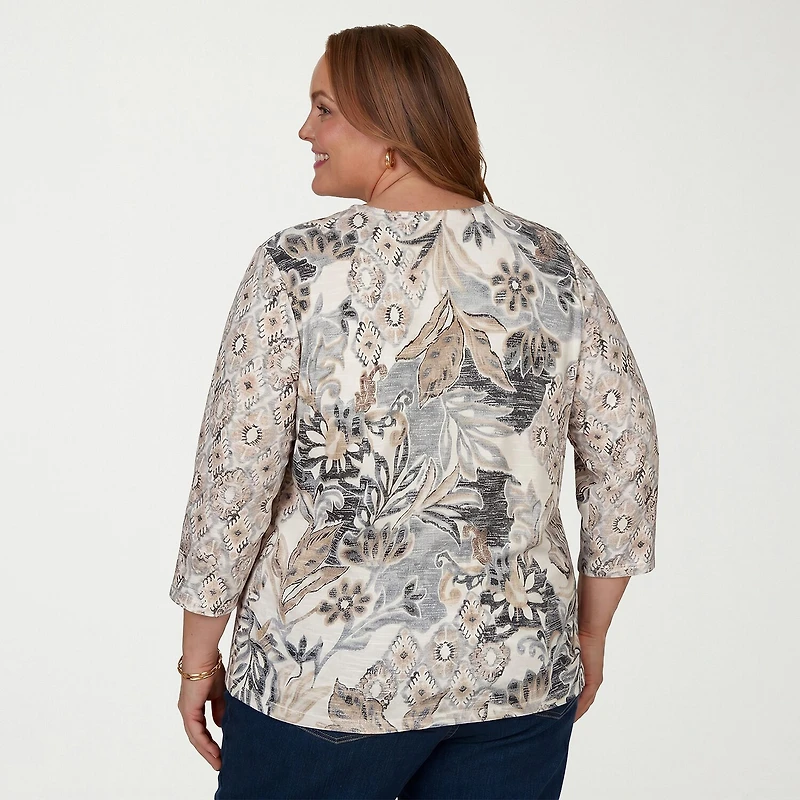 Alfred Dunner Grand Bazaar Womens Plus Round Neck 3/4 Sleeve Layered Top