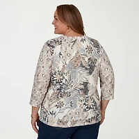 Alfred Dunner Grand Bazaar Womens Plus Round Neck 3/4 Sleeve Layered Top