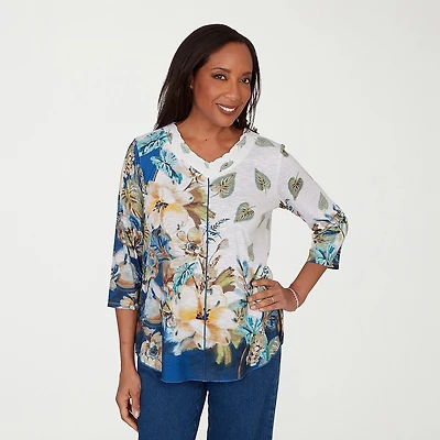 Alfred Dunner Indigo Girls Womens V Neck 3/4 Sleeve T-Shirt