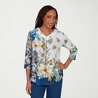 Alfred Dunner Indigo Girls Womens V Neck 3/4 Sleeve T-Shirt