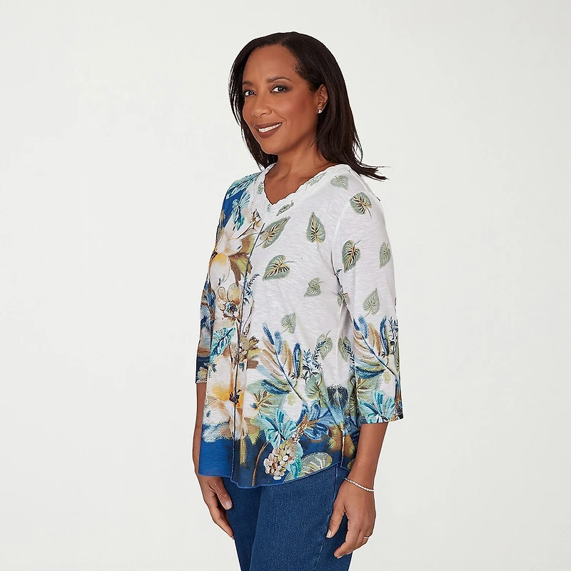 Alfred Dunner Indigo Girls Womens V Neck 3/4 Sleeve T-Shirt