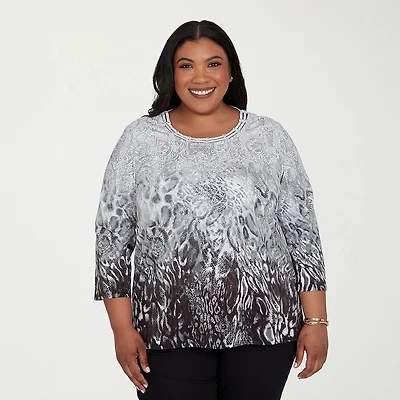 Alfred Dunner Classics Womens Plus Keyhole Neck 3/4 Sleeve T-Shirt