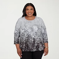 Alfred Dunner Classics Womens Plus Keyhole Neck 3/4 Sleeve T-Shirt