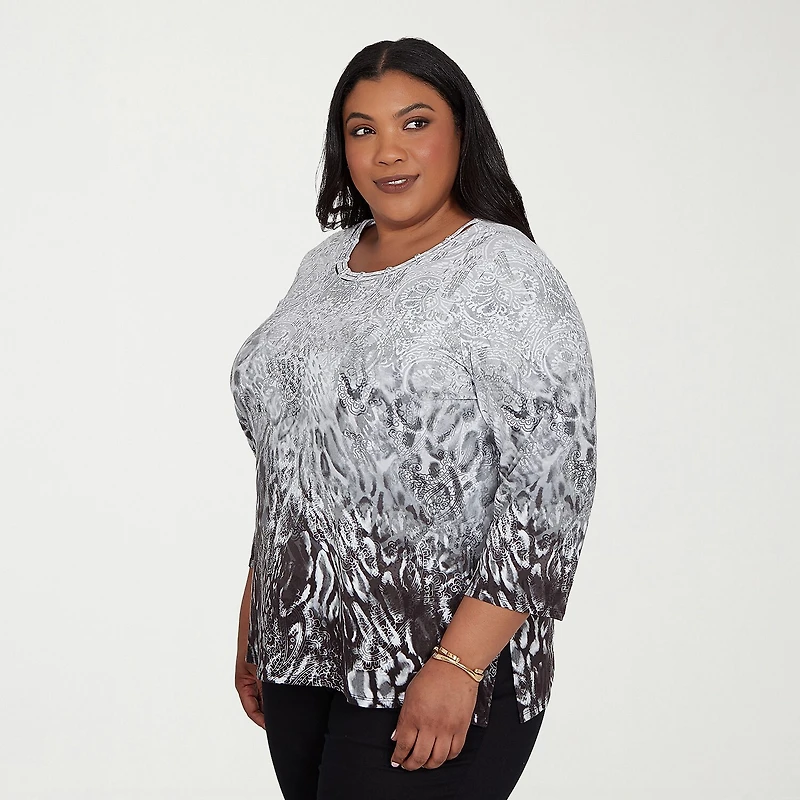 Alfred Dunner Classics Womens Plus Keyhole Neck 3/4 Sleeve T-Shirt