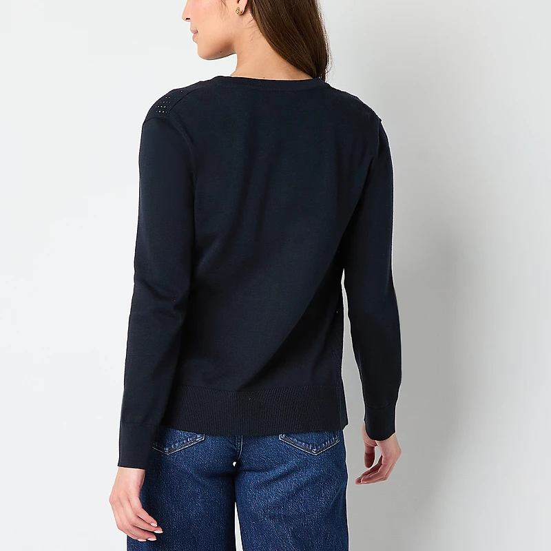 IZOD Womens Jewel Neck Long Sleeve Button Juniors Cardigan