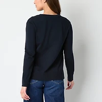 IZOD Womens Jewel Neck Long Sleeve Button Juniors Cardigan