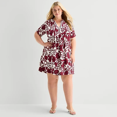 Be by CHETTA B Womens Plus V Neck Short Sleeve Floral Shift Dress