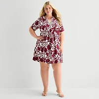 Be by CHETTA B Womens Plus V Neck Short Sleeve Floral Shift Dress