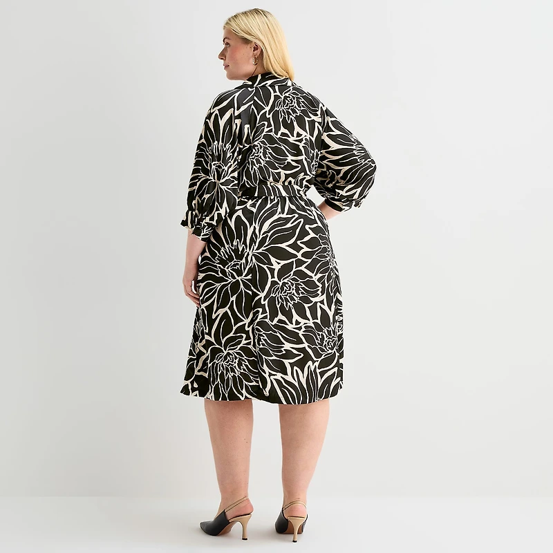 Sandra Darren Womens Plus Midi V Neck 3/4 Sleeve Cuffed Floral Fit + Flare Dress